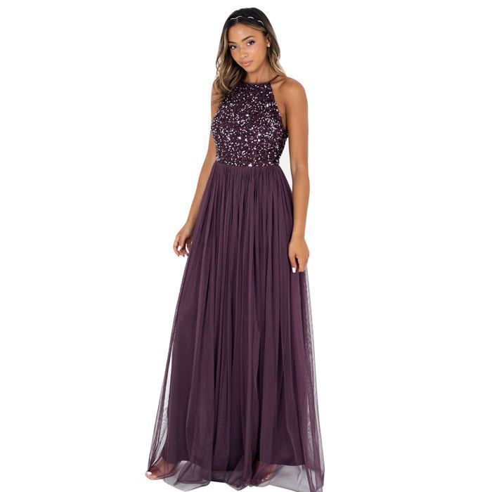 Robe De Soirée Longue Maya Deluxe à Manches Longues - Paillettes, Tulle, Coupe A - Taille 34 à 56, Idéale Pour Mariage, Bal Ou Cérémonie