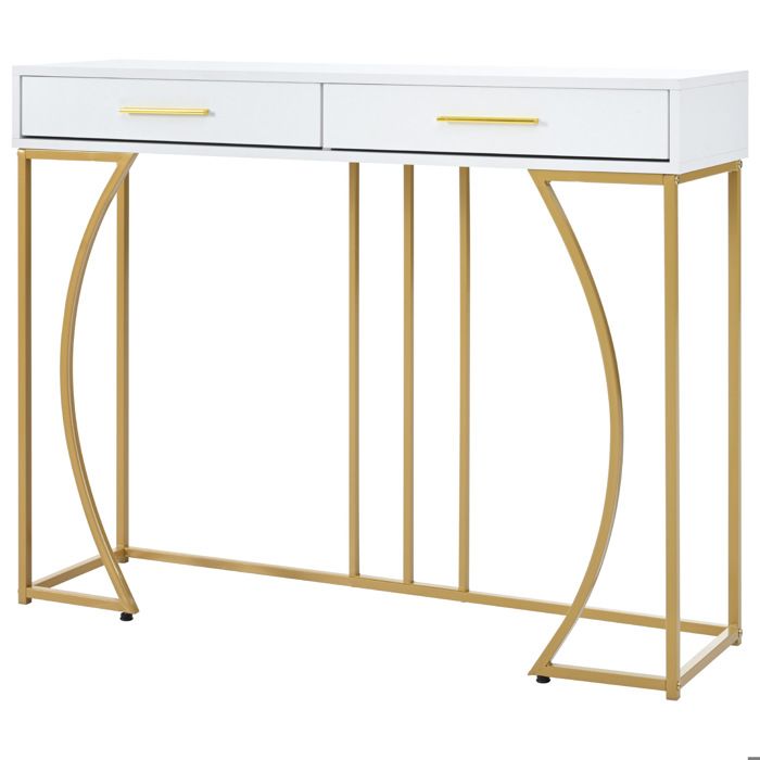 Dripex Coiffeuse Table de Maquillage Moderne avec 2 tiroirs Table de Console en BoisCadre en Métal110x32x85cm Blanc+Or