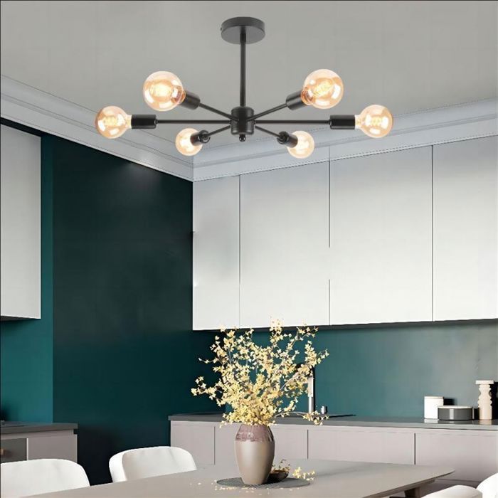WOTTES Lustre Plafonnier Industriel 6 têtes E27 Éclairage de Plafond en Metal Noir Lampe de Plafond pour Cuisine Salle à Manger