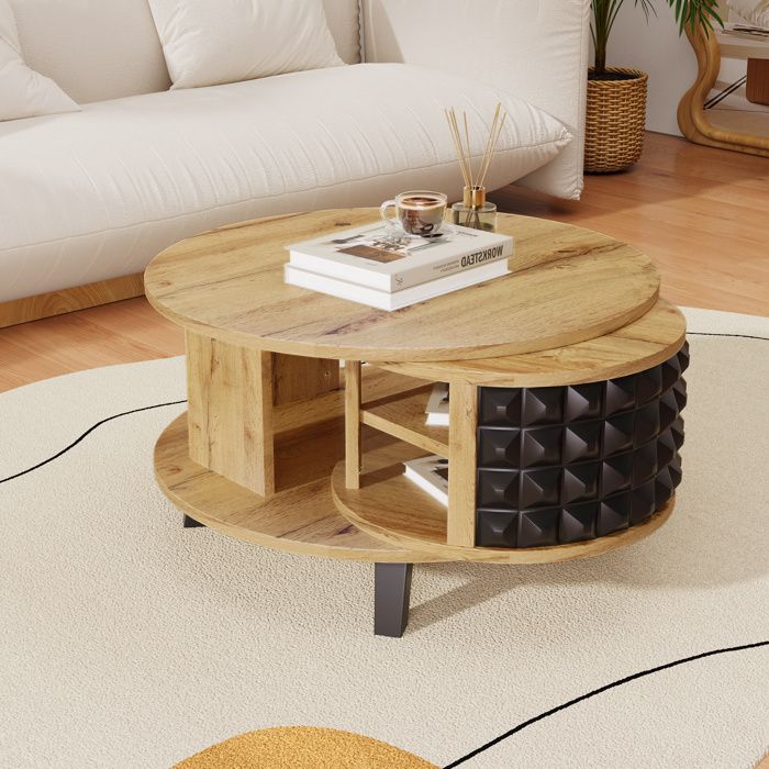 Table basse salon Compartiment pivotant à 360°Style industrielTable dappoint ronde double rangement 80x80x45cm Bois Noir