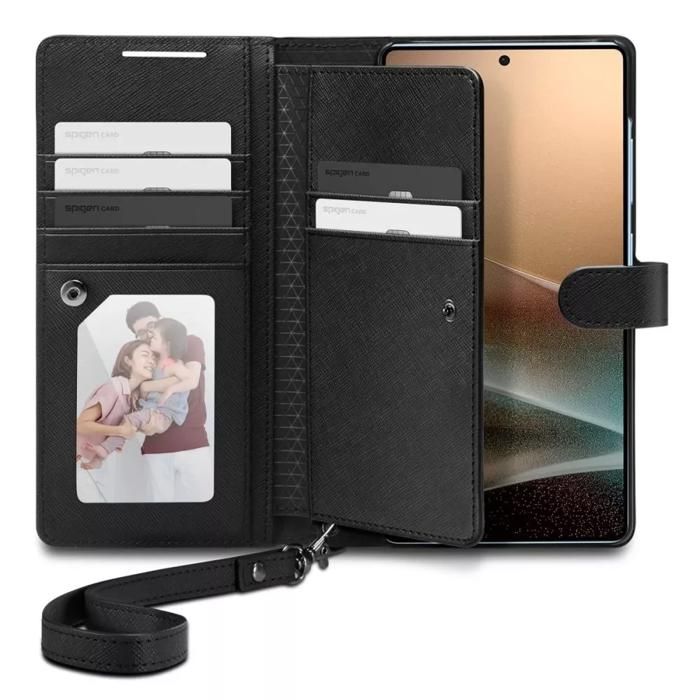 Coque Étui portefeuille - Spigen - S - Samsung Galaxy S25 Ultra - Cuir PU - Noir - Aimanté