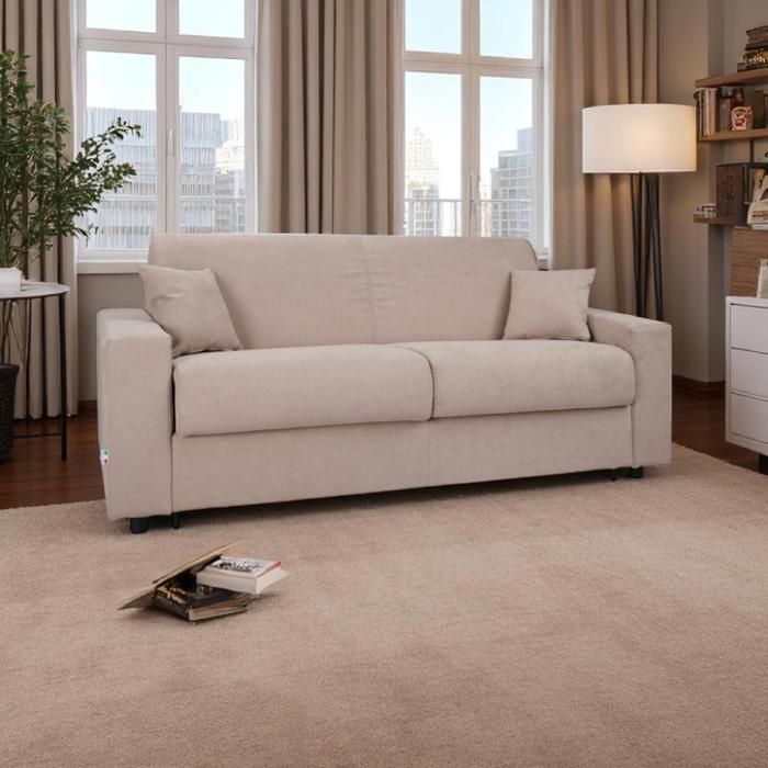 Canapé-lit 3 places en tissu beige déhoussable avec matelas - ROLEN Canapé-lit 3 places en tissu beige déhoussable avec matelas - ROLEN