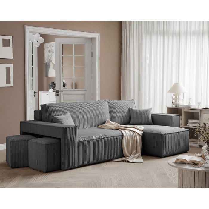 Canapé D'Angle 3-4 Places En Velours Côtelé Beige - Avec Repose-Pieds, Chargeur USB Et Rangement - 213x139cm - 9