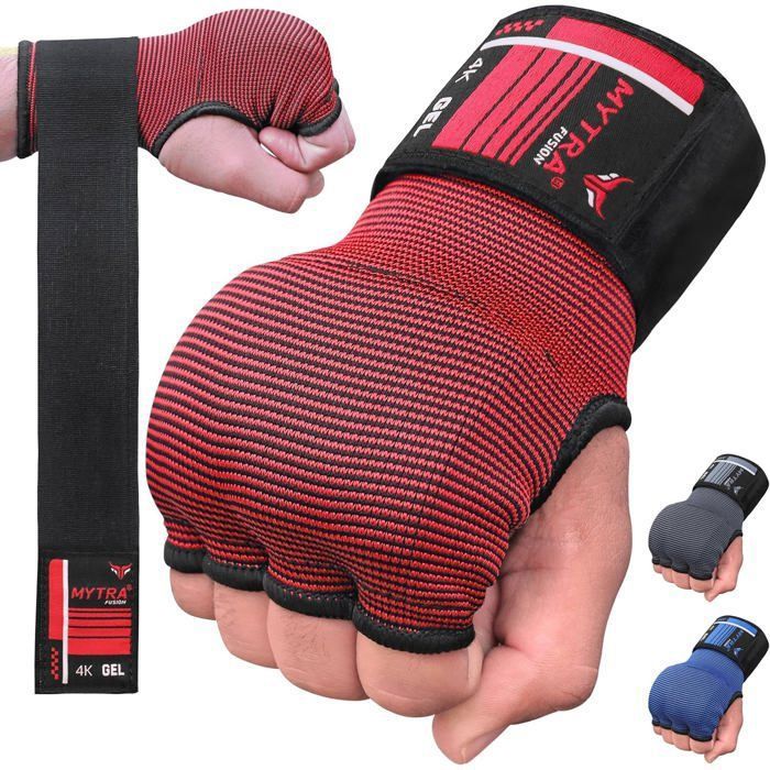 Sous Gants Boxe Mytra Fusion 4K – Rembourrage Gel Avec Dragonnes 80 cm – Protection Mains & Poignets - Rouge/Noir