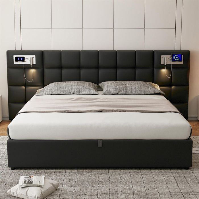 Lit coffre 180x200 cm - YEHTOKHOME - Rangement hydraulique - Port USB & recharge sans fil - Tête de lit rembourrée