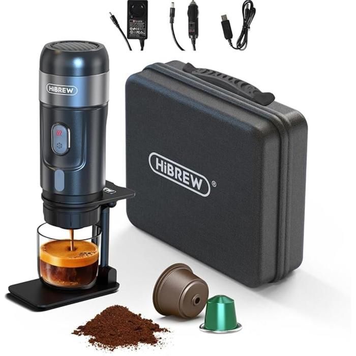 HiBREW - cafetière portable pour voiture et maison Compatible avec les capsules NS et DG et la poudre de café moulu H4A-noir