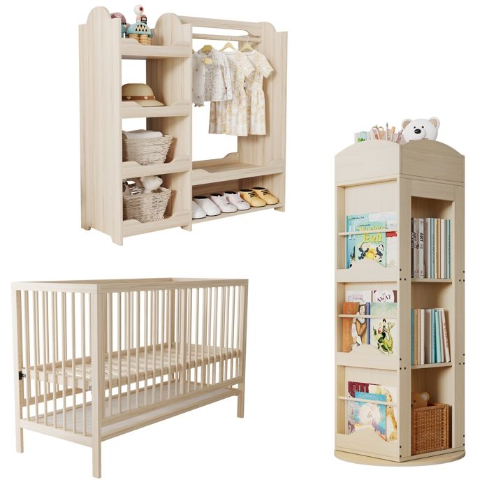 Kinder-Kombi-Furniture: Lit de bébé en bois multifonctionnel + Armoire + Bibliothèque tournante Jeu de meubles pour enfants