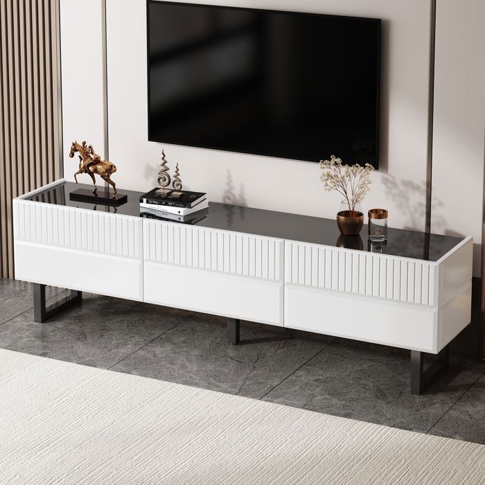 Meuble TV pour salon meuble bas plateau brillant avec 3 tiroirs pieds en fer design minimaliste noir et blanc longueur 170 cm