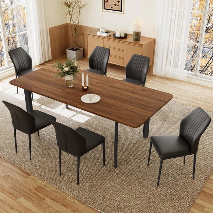 Stilvoller Moderner MDF-Platten Esstisch Mit Stühlen Set Für Das Wohnzimmer (Table couleur noyer 160-200 cm + 6 chaises noires)
