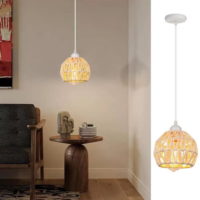 WOTTES 1 x Suspension Luminaire Vintage Lustre Industriel en Rotin Blanc et Métal Blanc Ø16cm Abat-jour Éclairage Cuisine