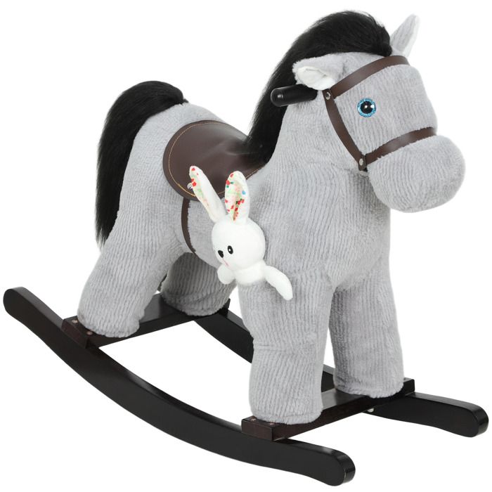 Cheval à bascule pour enfants - AIYAPLAY - effet sonore poignée et poupée - peluche - 65 x 26 x 55 cm - gris