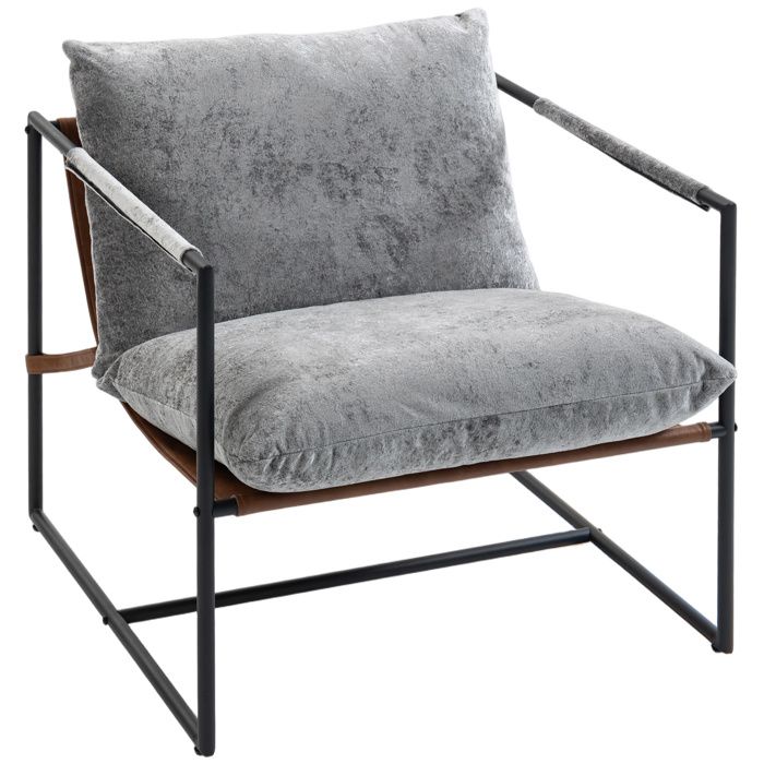 Fauteuil salon - HOMCOM - rembourré - large assise - structure en acier - velours imprimé - 77x91x80cm - gris clair
