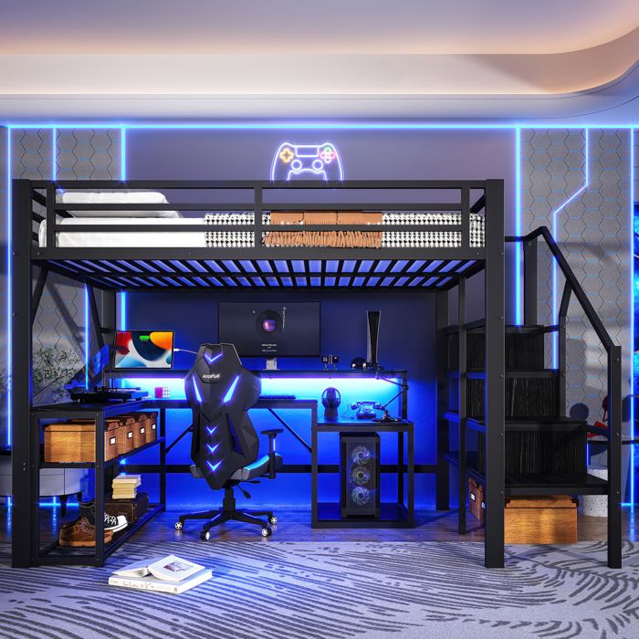 Lit mezzanine enfant lit superposé avec bureau 140×200cm équipé dun éclairage LED et dun port USB espace de rangement noir.