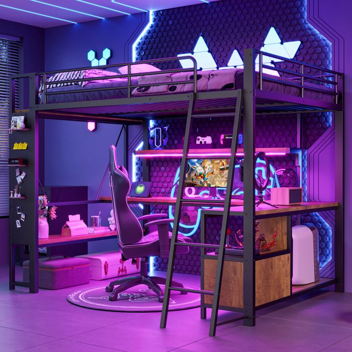 Lit mezzanine en métal 140 x 200 cm avec bande lumineuse LED bureau étagères compartiments de rangement et ports USB noir