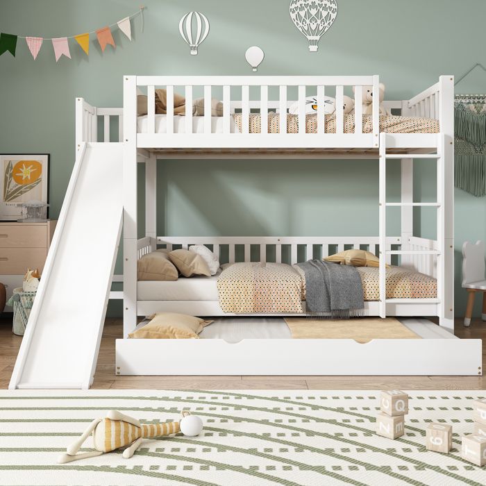 Lit superposé enfant blanc avec lit gigogne toboggan échelles 4 marches et rangements
