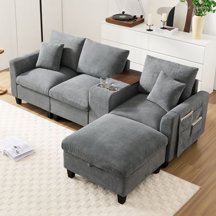Canapé dAngle Convertible avec Rangement et Port USB - Accoudoirs et Console Intégrée Velours Côtelé Gris Pour 4 Personnes