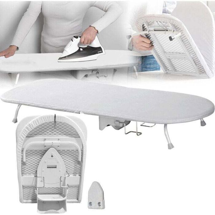 Table à repasser pliable - PZCC - 89x33 cm - Blanc - Support en fer intégré - Housse en coton lavable