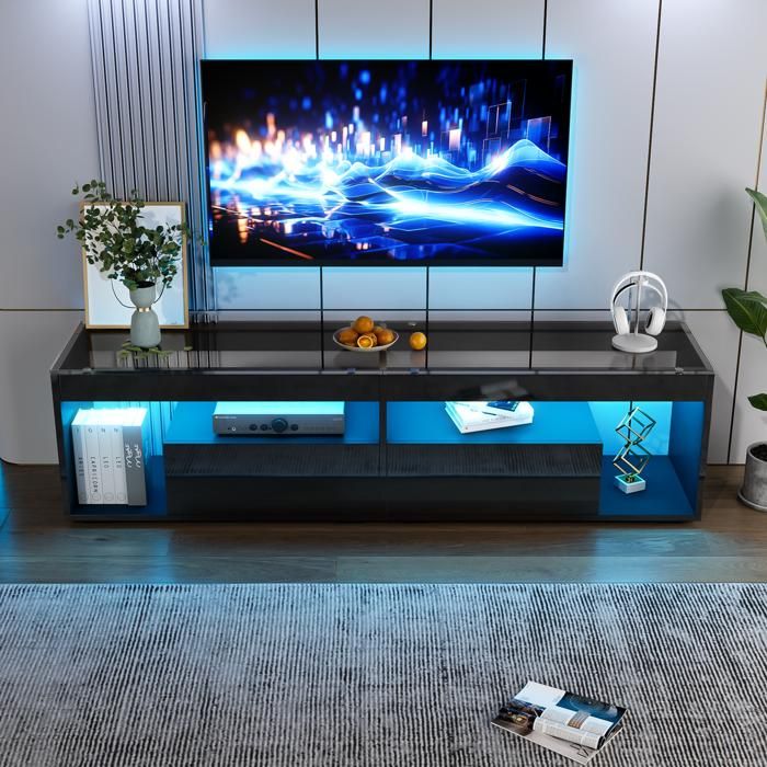 Meuble télévision - KOMHTOM - 180x40x46 cm - Noir brillant - Verre trempé & LED - 2 tiroirs rangements Meuble télévision - KOMHTOM - 180x40x46 cm - Noir brillant - Verre trempé & LED - 2 tiroirs rangements