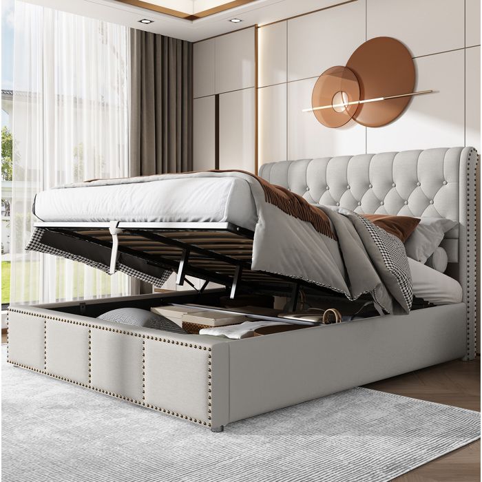 Lit double gris 140×190 cm sommier inclus coffre de rangement tête de lit rembourrée sans matelas