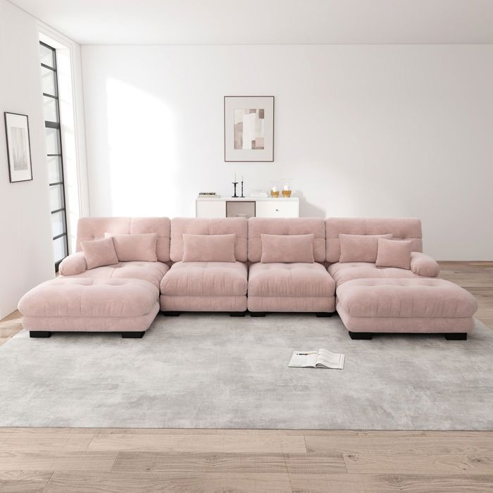 Canapé dAngle structure modulaire Canapé Modulable forme en U confort cloud ottoman mobile tissu chenille rose