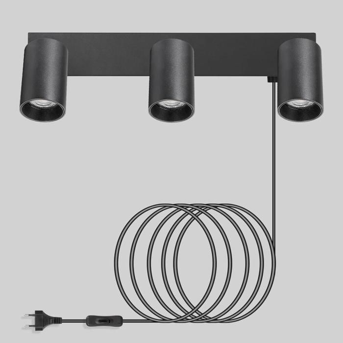 Applique Murale Intérieure avec Prise et Interrupteur 3 Spots - Noir GU10 Lampe de Chevet Murale Rétro Tourner 350° - Lampe Murale