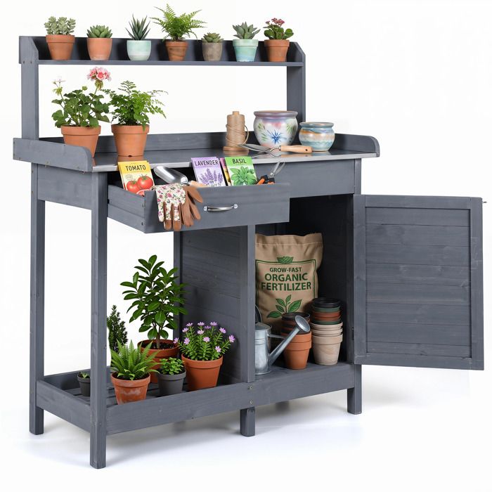 Table de Rempotage en Bois de Sapin COSTWAY Plateau en Acier Inox Porte Tiroir Étagères 3 Crochets 112 x 465 x 125 cm Gris