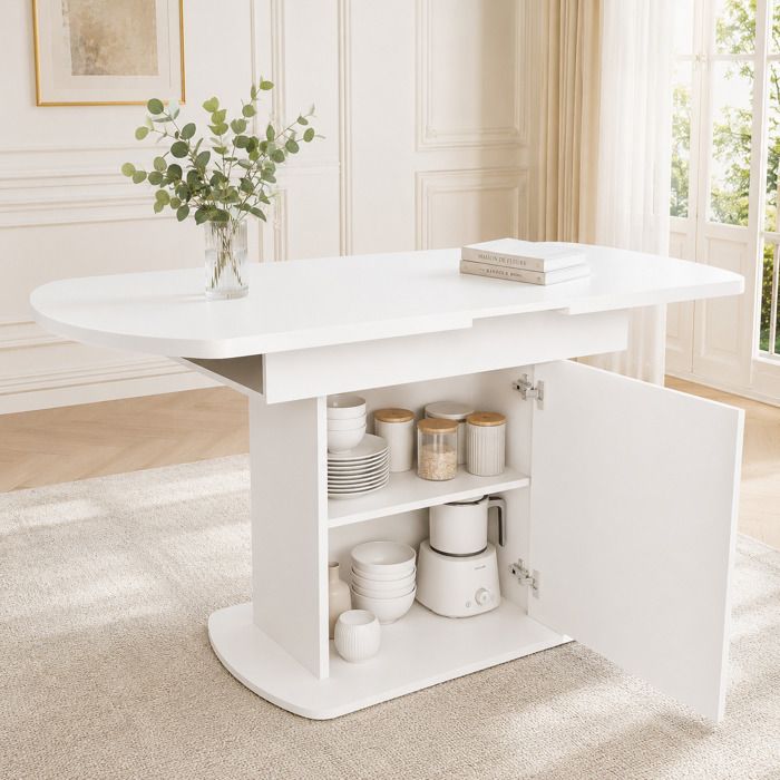 Table à Manger Ovale Extensible 110-130x70x75cm Table de Salle à Manger 4-6 Personnes avec Rangement Blanche et Or
