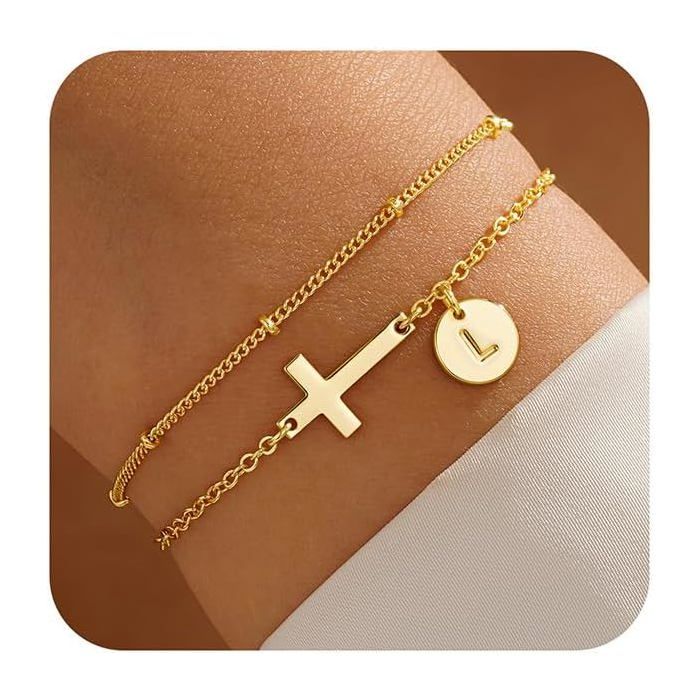Bracelet Pour Femme En Or Avec Croix-Plaqué Or 14 Carats-Personnalisable-Avec Lettres Monogrammes-Disques-Bijoux En Or-Cadea[PP73]