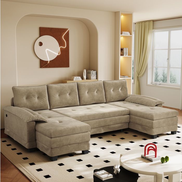 Canapé convertible en U AESVAR 4 places 278 cm avec port USB accoudoirs amovibles chenille camel