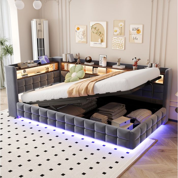WOVREO lit banquette 90 x 200 cm avec coffre hydraulique LED prises USB Type-C étagères velours gris