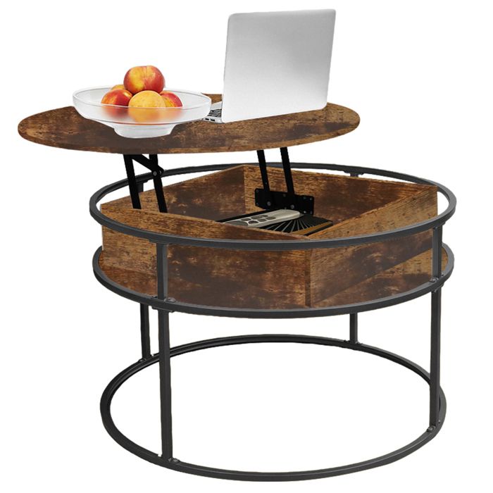 KEDIA Table Basse Ronde 60*60*47cm Avec Plateau Relevable Rangement Caché Cadre Métallique étagères marron et noires