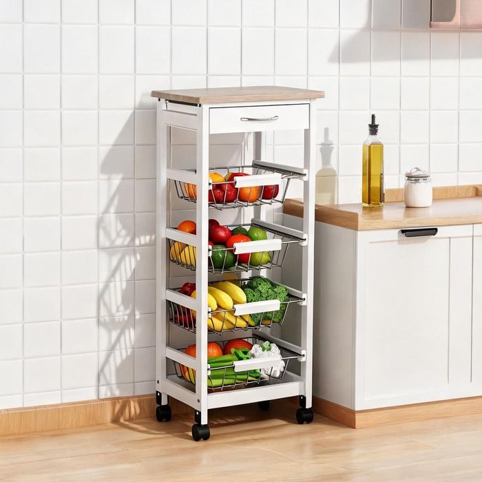 Desserte à roulettes 37x37x82 cm blanche – 4 paniers métal + tiroir bois de pin