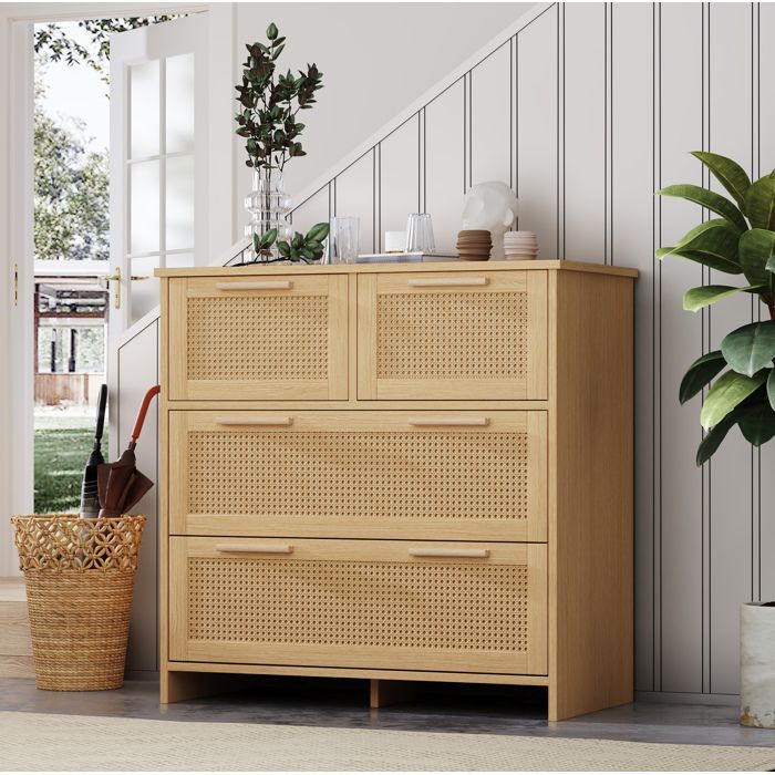 Commode rotin 4 tiroirs 80 x 38 x 80 cm MDF avec poignées bois et rangement naturel JOINERY