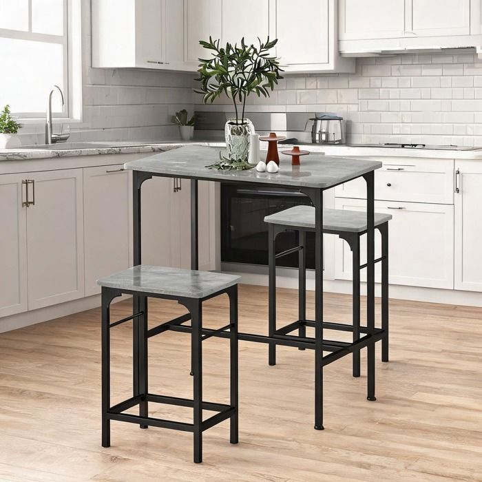 Ensemble table haute 2 tabourets acier gris neutre H87 cm – coin repas compact 80x50 cm