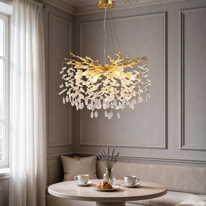 Lustre cristal K9 100% doré – Ø60 cm – à branches forme ronde – 8 feux G9 – monture aluminium – salle à manger salon chambre