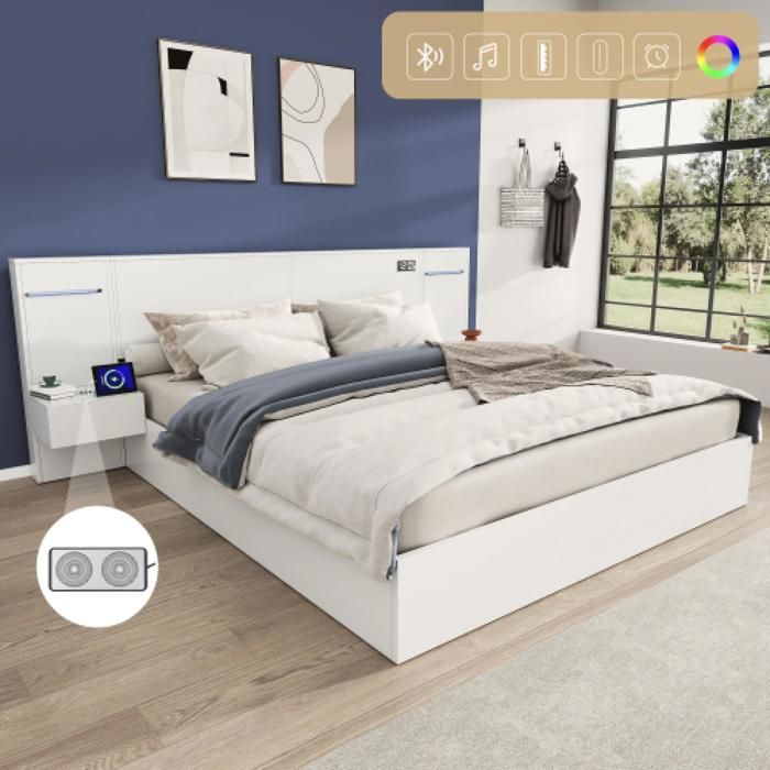 Lit double 180x200 cm en MDF blanc avec haut‑parleurs Bluetooth bandeau lumineux et tablettes de chevet pour chambre parentale