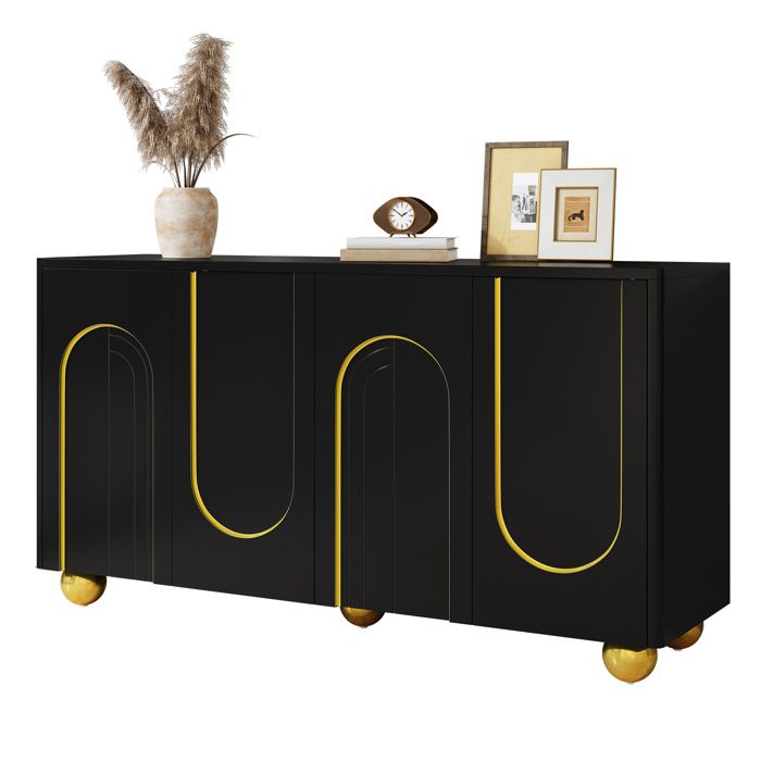 Buffet bas 4 portes noir – lignes dorées en arc – pieds métalliques – 140 cm