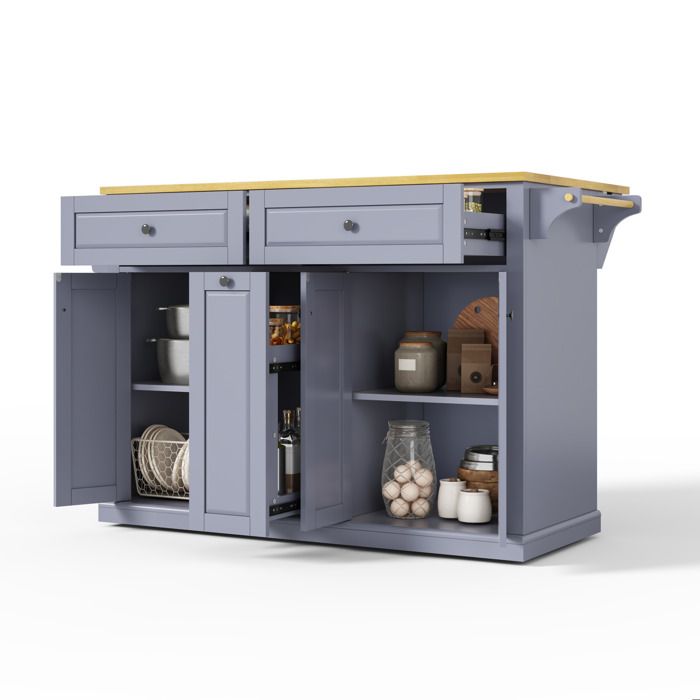 Îlot central mobile – desserte de cuisine – plateau rabattable – 2 tiroirs – gris et naturel – 121 x 69 x 89 cm