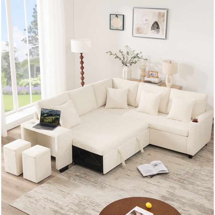 VUENOR Canapé dangle convertible 5 places beige – méridienne réversible