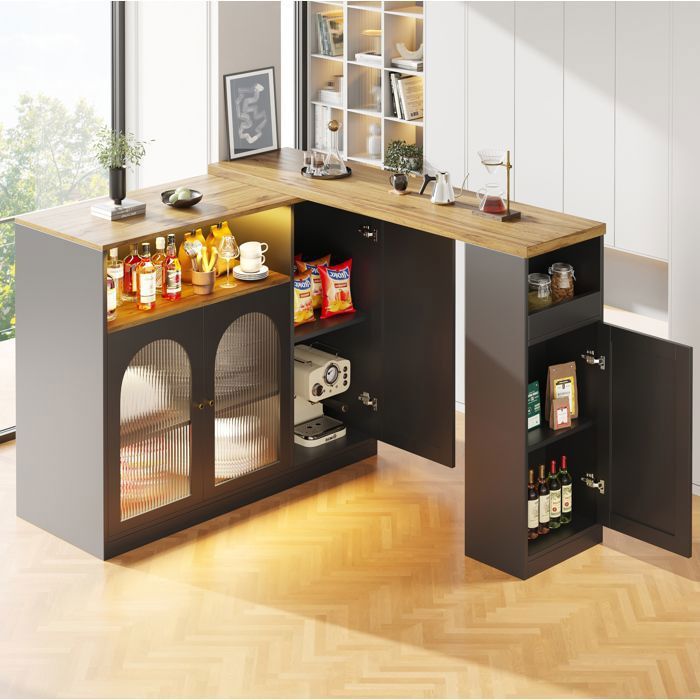 Meuble bar VUENOR noir mat – pivotant 360° avec LED 197x39 6x100 cm
