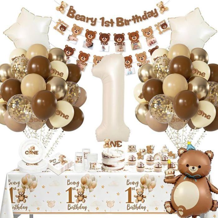 Décoration anniversaire 1 an thème ours - lot complet avec ballons latex nappe assiettes et gobelets en papier photo