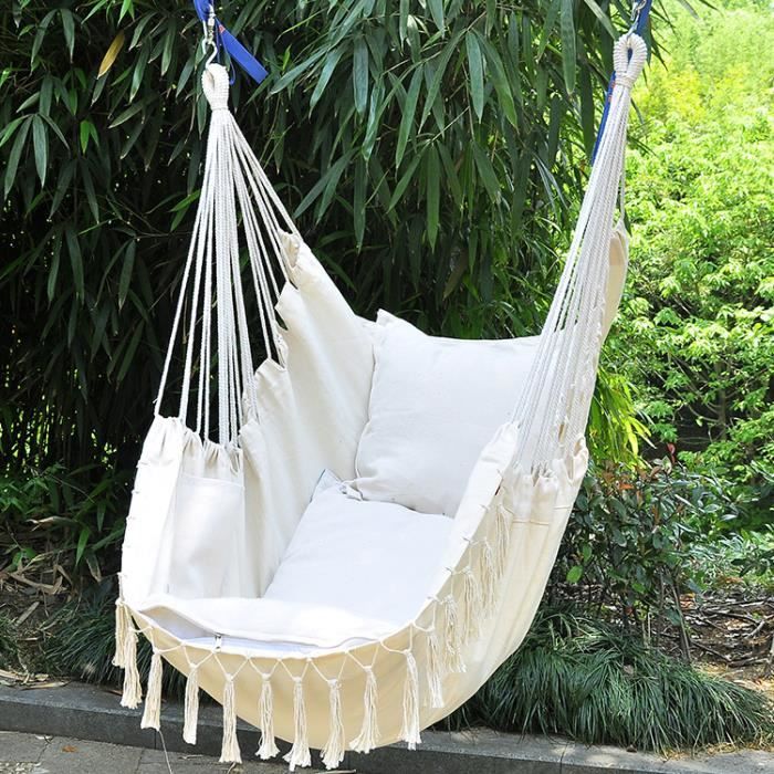 Chaise Suspendue - Corde de Coton - Franges Romantiques - Poids Max 150kg - Confortable - Intérieur/Extérieur