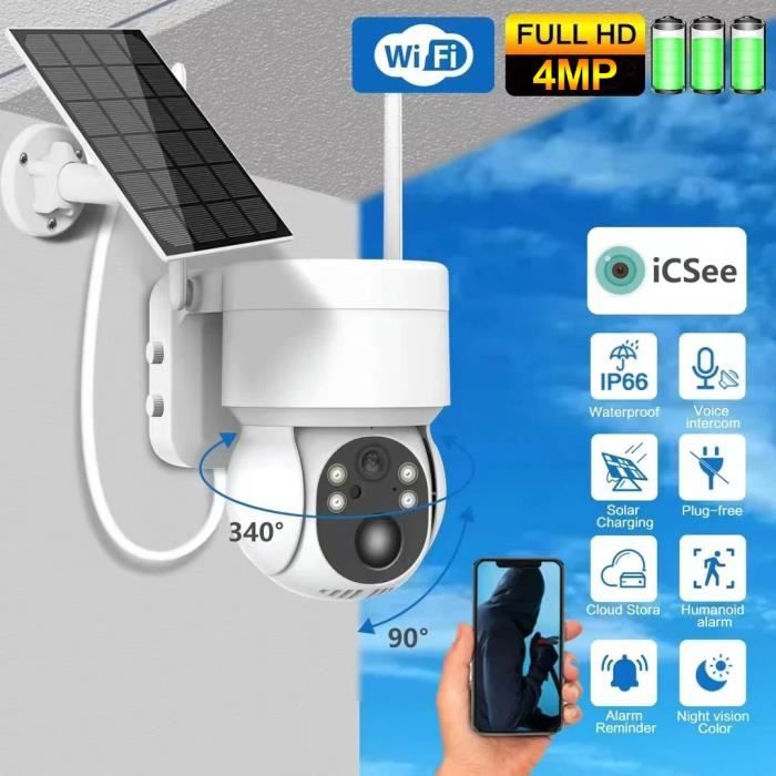 Vision Nocturne Couleur Caméra Ext Caméra Surveillance Solaire WiFi Extérieure 4MP - Double Objectif, 360°, Détection PIR | Vision Nuit Couleur, Alarme Détection Mouvement PIR Alarme