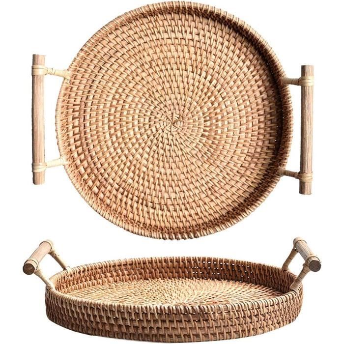 Plateau De Service En Rotin Rond – Avec Poignées Et Mosaïque Coquillage – 24 Cm De Diamètre – Tissé à La Main – Pour Fruits, Café, Dessert, Rangement Déco - 5