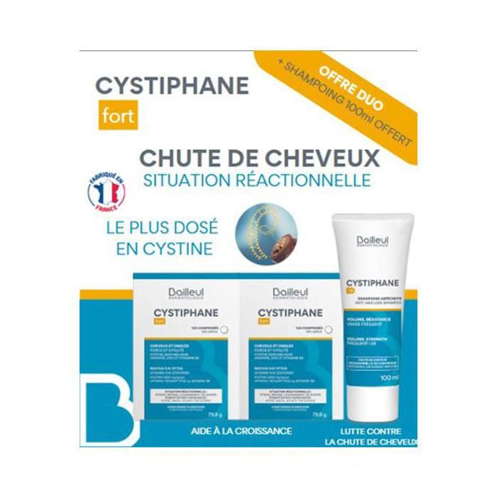 Cystiphane Fort Anti Chute 120 comprimés x2 + Shampoing 100ml offert ...