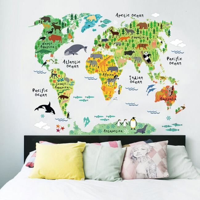 Lzp Autocollant Mural Carte Du Monde Animal Amovible Decoration Stickers Muraux Cdiscount Maison