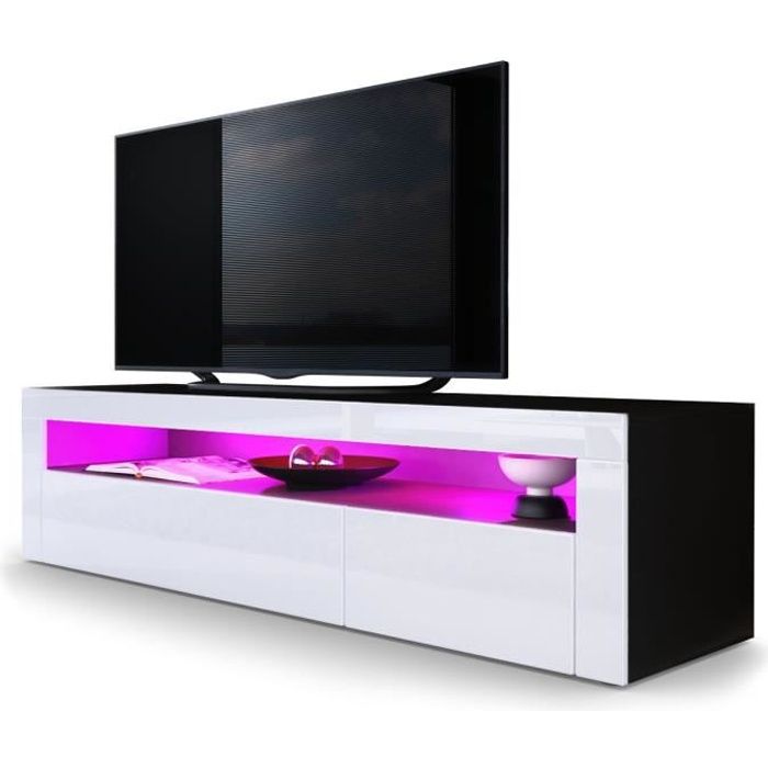 vladon meuble tv bas valencia en noir mat - blanc haute brillance - blanc haute brillance