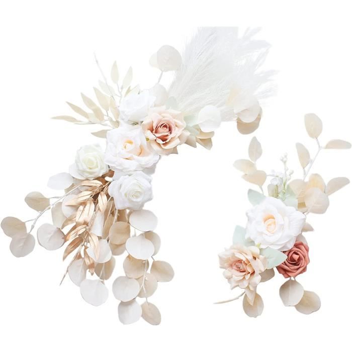 Lot de 2 fleurs d'arche de mariage, roses artificielles blanches avec feuilles  argentées et herbe de la pampa, arrangement fl[O795] - Cdiscount Maison