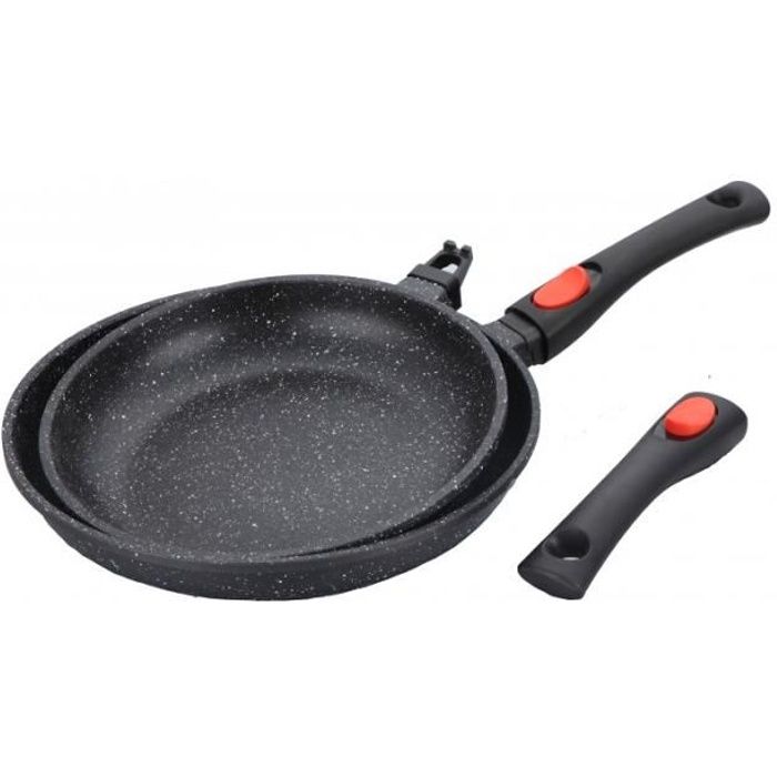 Lot De 3 Poêles Castey En Titane - 18, 22 Et 26 Cm - Antiadhésives Sans PFOA, Manche Amovible, Compatible Induction - Cuisson Uniforme Et Nettoyage Facile
