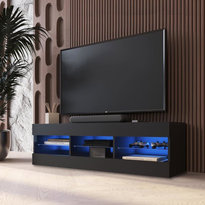 Meuble TV Tivoli RTV Komodee - LED Bleues - Noir - Facades en Mat - 140 x 41 x 35 cm Meuble TV Tivoli RTV Komodee - LED Bleues - Noir - Facades en Mat - 140 x 41 x 35 cm